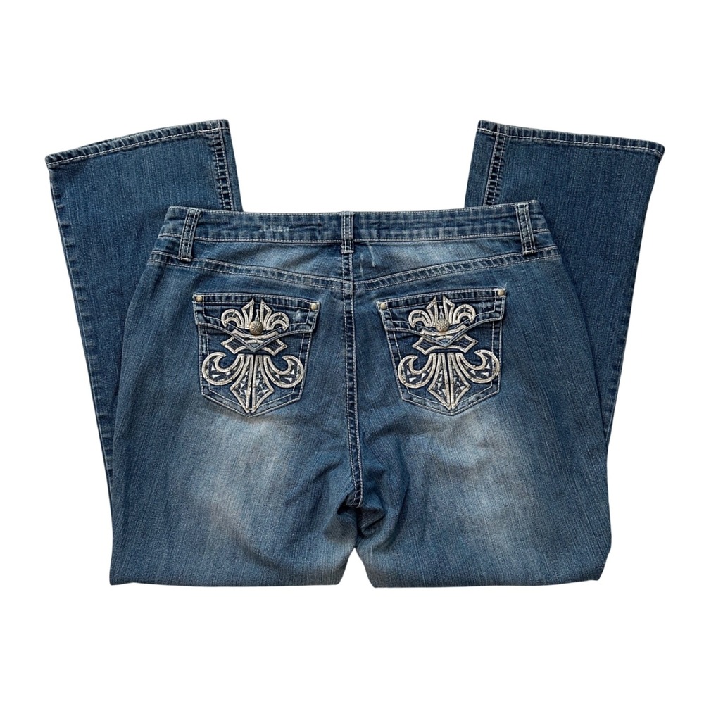 Zanadi Embellished Jeans Fleur de Lis Pockets Bootcut Denim Blue Women‎ Plus 16